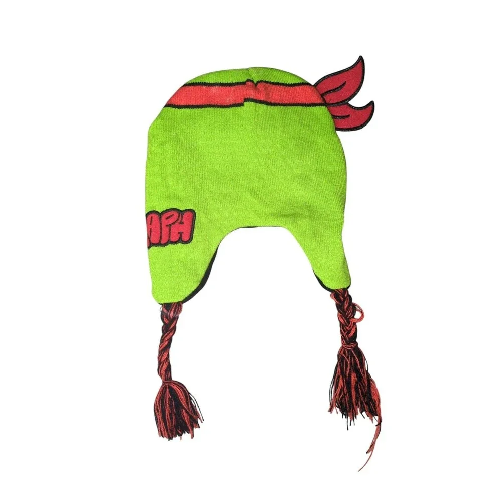Teenage Mutant Ninja Turtles Big Face Knit Beanie Hat Raphael Ear Flaps Warm
